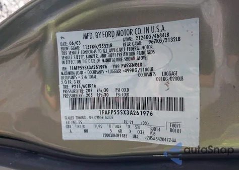 2003 Ford Taurus Ses z USA, uszkodzony, nr VIN 1FAFP55SX3A261976